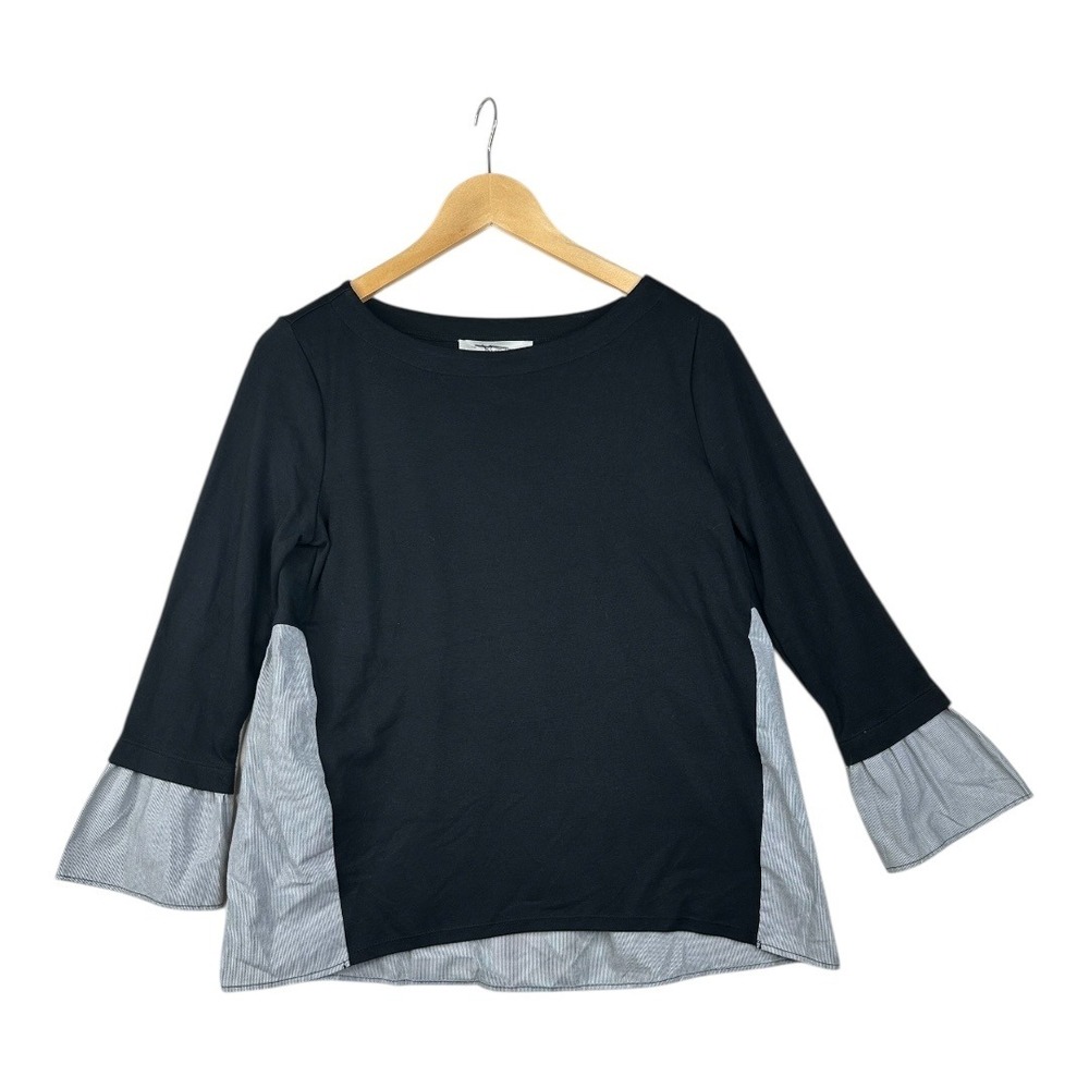 Loft Mixed Media Bell Sleeve Top size XS Blue Pinstripe